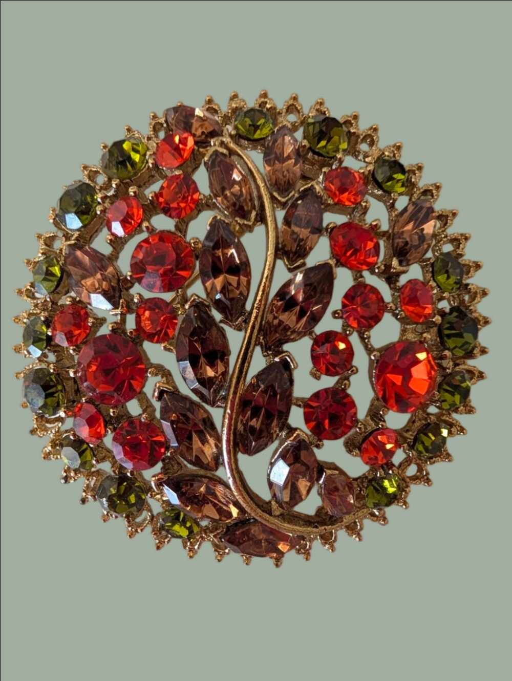 Vintage Brooch Crystal Brooch with Red, Olive and Amber